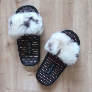 White Baby Leopard Slider Fur Sandals Slippers Size 6